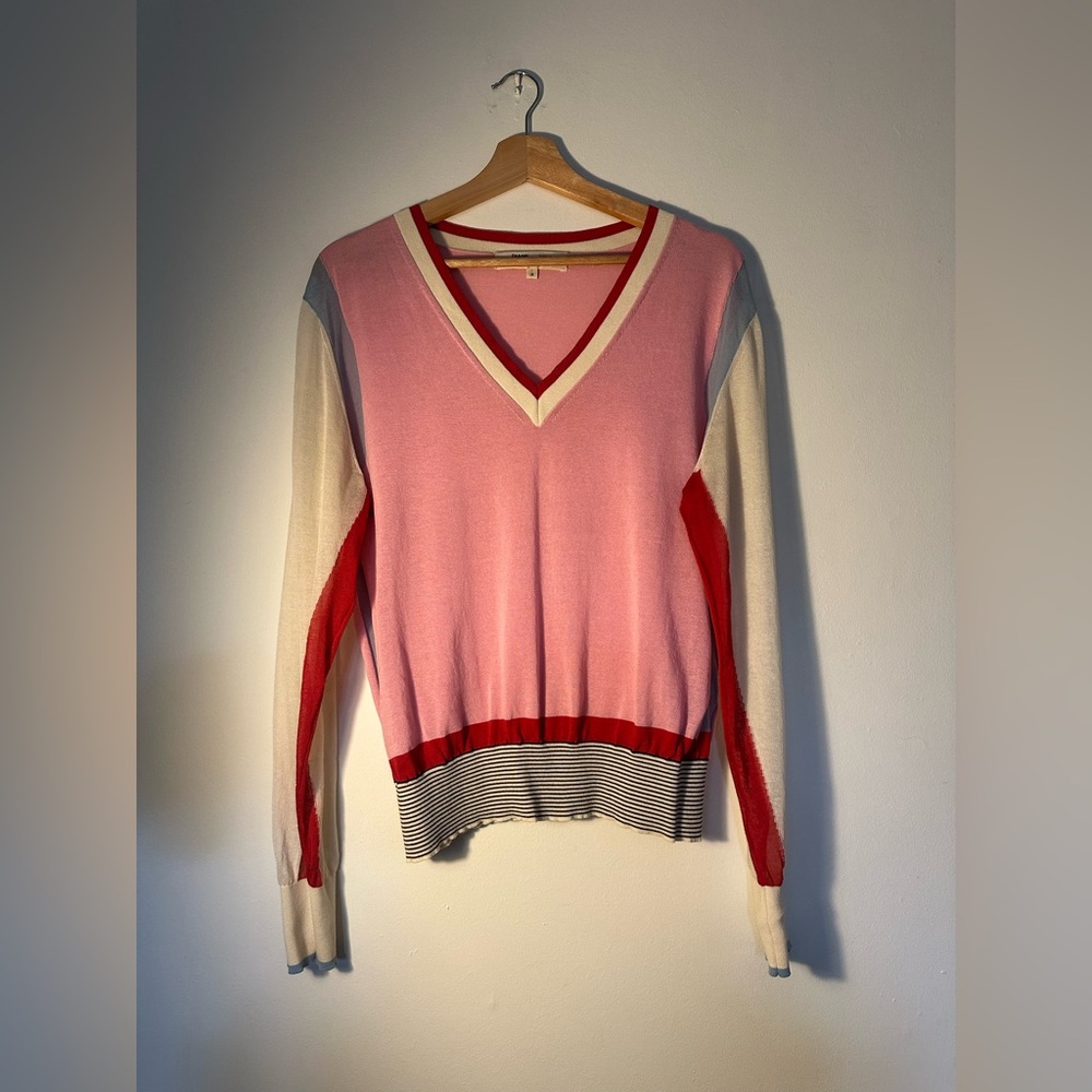 Diane Von Furstenberg Pink, Cream, Red, Black & Blue Color Block V-Neck Sweater